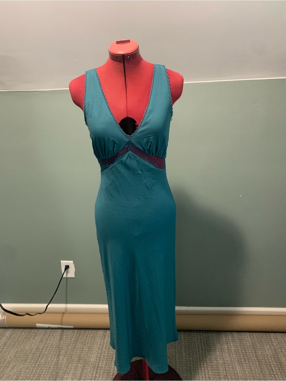wild fable Teal V‑Neck Midi Slip Dress with Lace detail